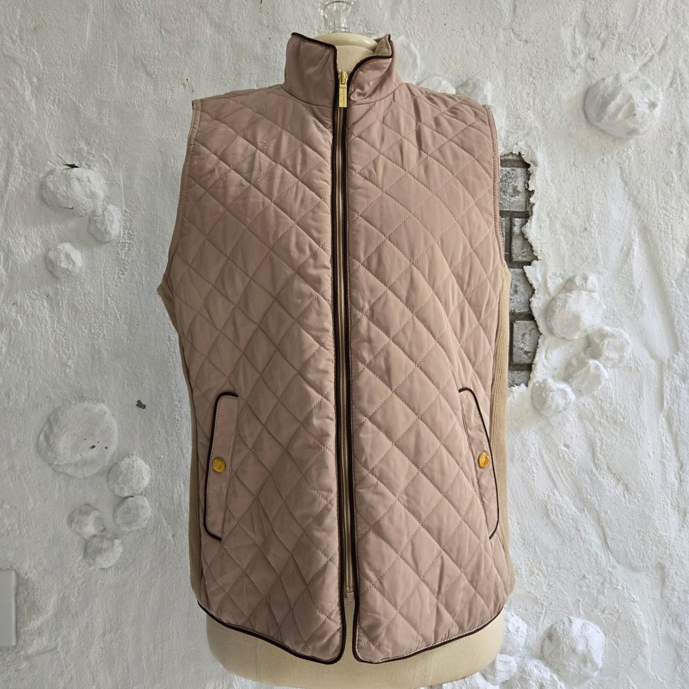Cambridge Dry Goods Tan Quilted Vest Large Gold Zip Equestrian Western Cowgirl